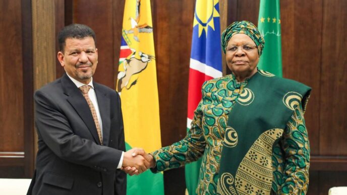 Namibian President Netumbo Nandi-Ndaitwah with Sahrawi Arab Democratic Republic Special Envoy Mohamed Yeslem Beisat during a courtesy visit to the Namibian presidency. Picture: Namibian Presidency