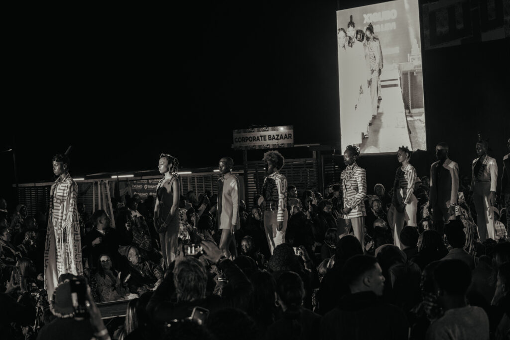 Model showcases a look inspired by Kwasukasukela, this year's Luju Fashion theme drawing on African storytelling traditions.