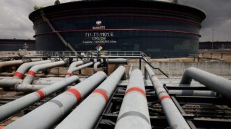 A Dangote crude oil tank is seen inside the Dangote Industries oil refinery and fertilizer plant site in the Ibeju Lekki district of Lagos, Nigeria March 2, 2026. REUTERS/Sodiq Adelakun/File Photo