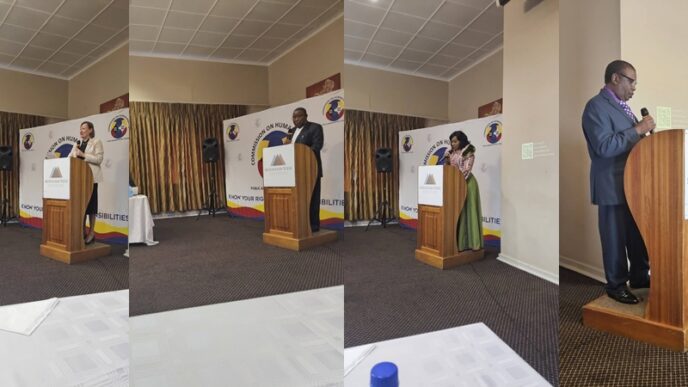 Senate President Senator Lindiwe Gwebu-Dlamini makes remarks; Senate Portfolio Committee on Justice Chairperson Senator Isaac Magagula; Commissioner Zwelethu Mnisi; and European Union Head of Cooperation Eva Maria Engdahl, representing the EU Ambassador, at the Paris Principles induction session in Eswatini. | Photo: Eswatini Commission on Human Rights and Public Administration