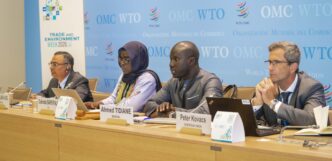 Representatives of Nepal, Senegal and the International Trade Centre take part in a dialogue on climate change and trade policy during WTO Trade and Environment Week 2026 in Geneva. Photo: International Trade Centre