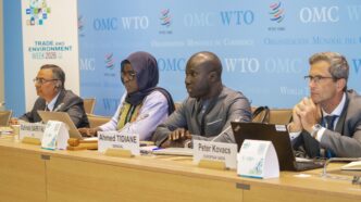 Representatives of Nepal, Senegal and the International Trade Centre take part in a dialogue on climate change and trade policy during WTO Trade and Environment Week 2026 in Geneva. Photo: International Trade Centre