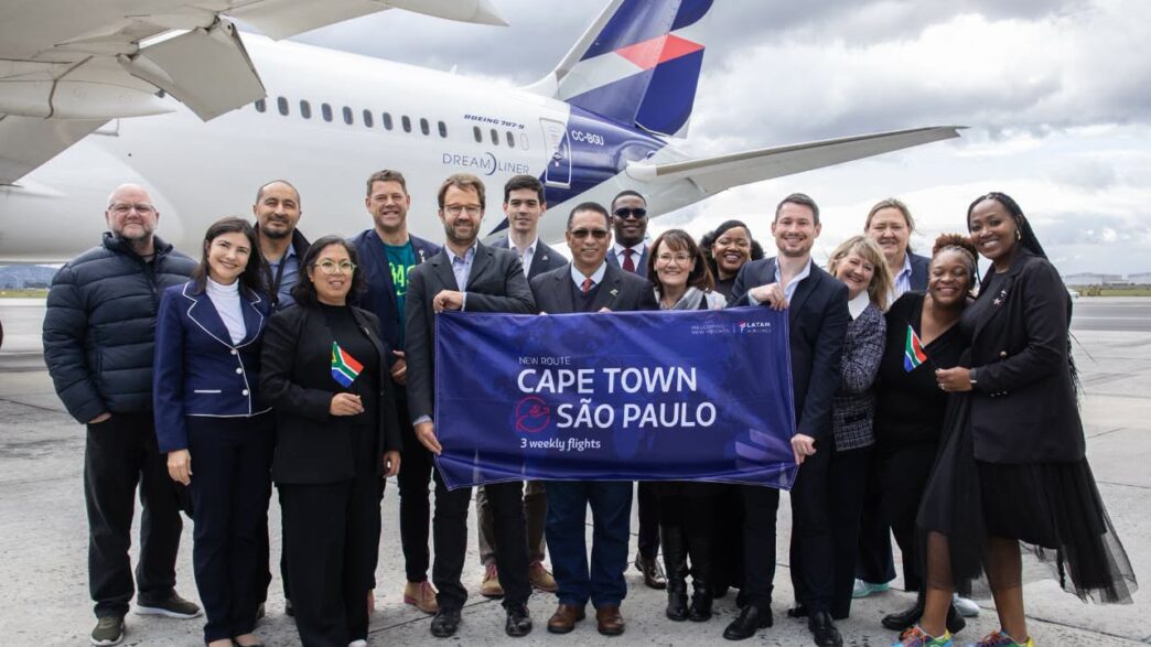 Officials and partners hold a celebratory sign marking the launch of Latam Airlines' new direct route between Cape Town and São Paulo at Cape Town International Airport on Friday. (Photo: Cape Town International Airport)