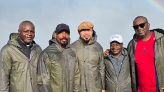 Nollywood actor and film director Ramsey Nouah poses with officials and hosts during his first visit to the Victoria Falls, where the Zambian Ministry of Tourism said the star described the experience as memorable and transformative.