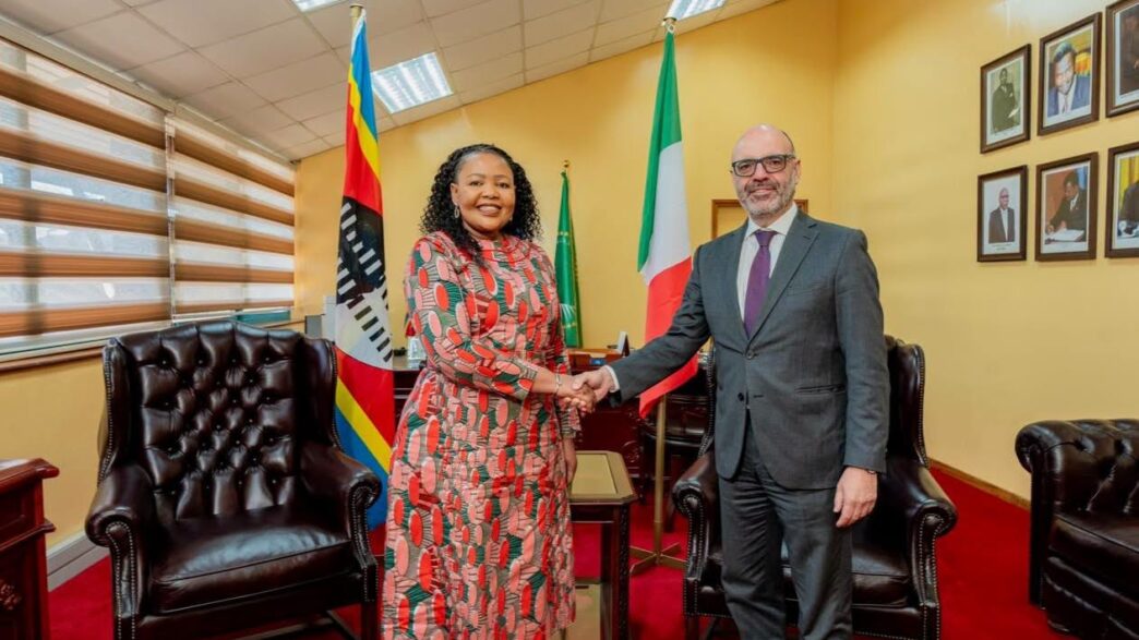 Senator Pholile Shakantu shakes hands with Italian Ambassador His Excellency Gabriele Annis after bilateral talks on Friday.