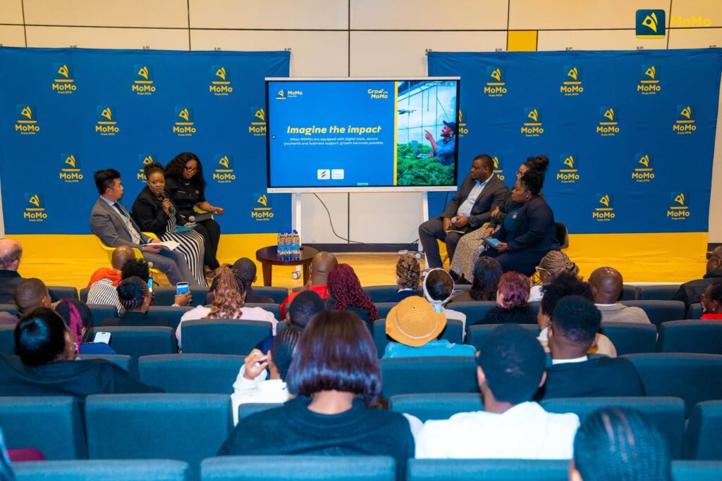Panelists, Banele Nhlengetfwa of the Youth Enterprise Fund, Seria Masilela, founder of Luna Hair and Body, Cebolenkhosi Mahlalela of the Eswatini Revenue Service, and Lomkhosi Dludlu, Head of Business Development at MTN Fintech, take part in a panel discussion on MSME growth, digital innovation and access to finance, moderated by MTN Corporate Affairs and Sustainability Manager Thandwayinkhosi Dlamini, at the MSME Growth Forum held at the MTN Headquarters Auditorium in Ezulwini. 