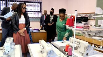 Deputy Prime Minister Thulisile Dladla inspects the prevocational equipment donated by the Turkish Government during the handover at Matsetsa School for the Deaf High.