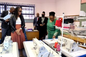 Deputy Prime Minister Thulisile Dladla inspects the prevocational equipment donated by the Turkish Government during the handover at Matsetsa School for the Deaf High.