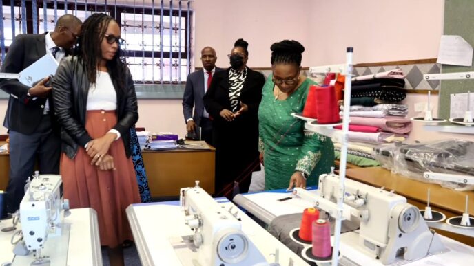 Deputy Prime Minister Thulisile Dladla inspects the prevocational equipment donated by the Turkish Government during the handover at Matsetsa School for the Deaf High.