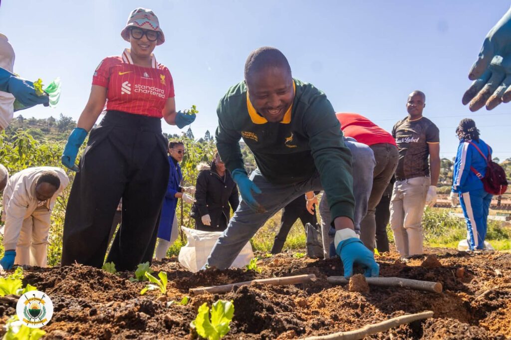 Mbabane City Mayor Mr. Thulani Mkhonto plants a seedling as Chief Executive Officer Ms. Gciniwe Fakudze looks on during the Mandela Day service at Sidwashini. Photo by Municipal Council of Mbabane