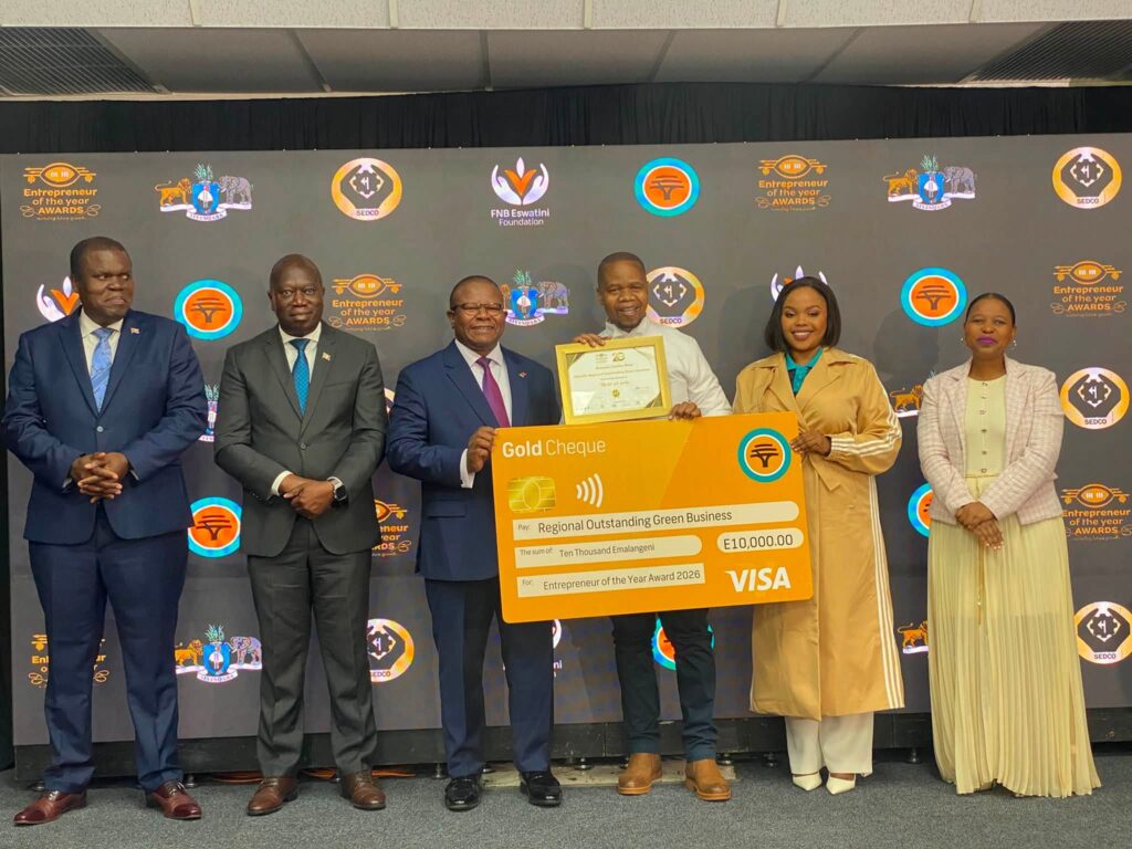 Dumsani Charles Mnisi of Master Art Works receives the Outstanding Green Business award at the 2026 Hhohho regional Entrepreneur of the Year Awards.