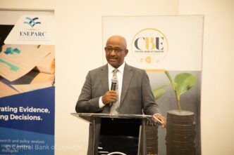 Central Bank of Eswatini Governor Dr. Phil Mnisi delivers his address at the official launch of the FinScope Eswatini 2026 Consumer Survey this morning. Photo: Central Bank of Eswatini
