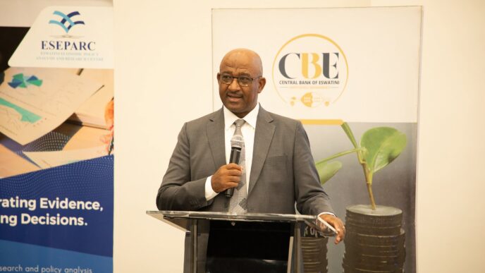 Central Bank of Eswatini Governor Dr. Phil Mnisi delivers his address at the official launch of the FinScope Eswatini 2026 Consumer Survey this morning. Photo: Central Bank of Eswatini