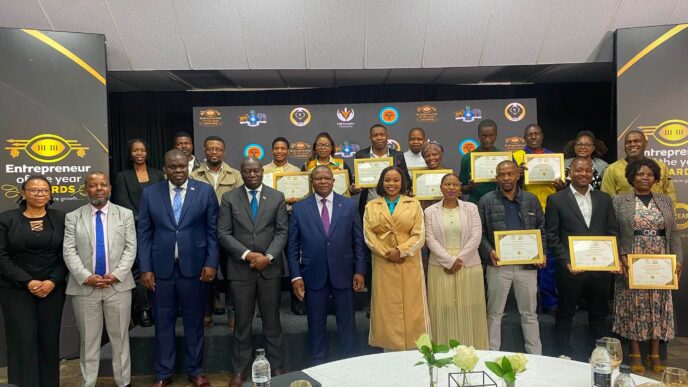The 2026 Hhohho regional category winners pose for a group photograph after the Entrepreneur of the Year Awards ceremony, held under the theme "20 Years of Nurturing Future Growth." Eighty one businesses from Hhohho entered this year's competition, close to a quarter of all national entries.
