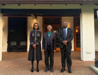 Zambia High Commissioner to South Africa, Her Excellency Ms. Grace Mutembo, in a group photograph with former South African President Thabo Mbeki during a courtesy visit to discuss the preservation of Dr. Kenneth Kaunda's Pan-African legacy. Photo Credit: Zambia High Commission, Pretoria