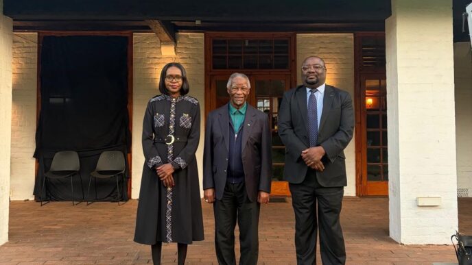 Zambia High Commissioner to South Africa, Her Excellency Ms. Grace Mutembo, in a group photograph with former South African President Thabo Mbeki during a courtesy visit to discuss the preservation of Dr. Kenneth Kaunda's Pan-African legacy. Photo Credit: Zambia High Commission, Pretoria