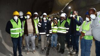 Hon. Mohlomi Moleko, Lesotho's Minister of Natural Resources, joins the Parliament Portfolio Committee on Natural Resources on a tour of the Tsehlanyane Adit, where 1.03 km of the bulk water pipeline has been laid inside the 1.95 km tunnel.