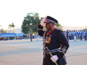 Manoma Vusi Masango, the National Commissioner of Police salutes His Majesty King Mswati III upon his appointment in July 2024. (Photo: x/@EswatiniGovernment1