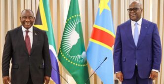 Presidents Cyril Ramaphosa and Félix Tshisekedi at the National Institute for Biomedical Research in Kinshasa on Thursday, where the two leaders were briefed on efforts to contain the Ebola outbreak that has claimed almost 400 lives in the DRC.