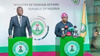 Nigeria's Minister of State for Foreign Affairs, Ambassador Sola Enikanolaiye, meets South Africa's Minister of International Relations and Cooperation, Ronald Lamola, during bilateral talks in Abuja. Photo MoFA Nigeria
