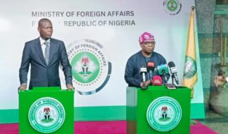 Nigeria's Minister of State for Foreign Affairs, Ambassador Sola Enikanolaiye, meets South Africa's Minister of International Relations and Cooperation, Ronald Lamola, during bilateral talks in Abuja. Photo MoFA Nigeria