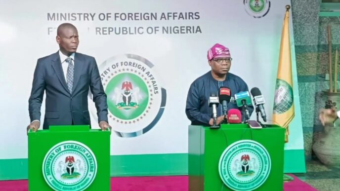 Nigeria's Minister of State for Foreign Affairs, Ambassador Sola Enikanolaiye, meets South Africa's Minister of International Relations and Cooperation, Ronald Lamola, during bilateral talks in Abuja. Photo MoFA Nigeria