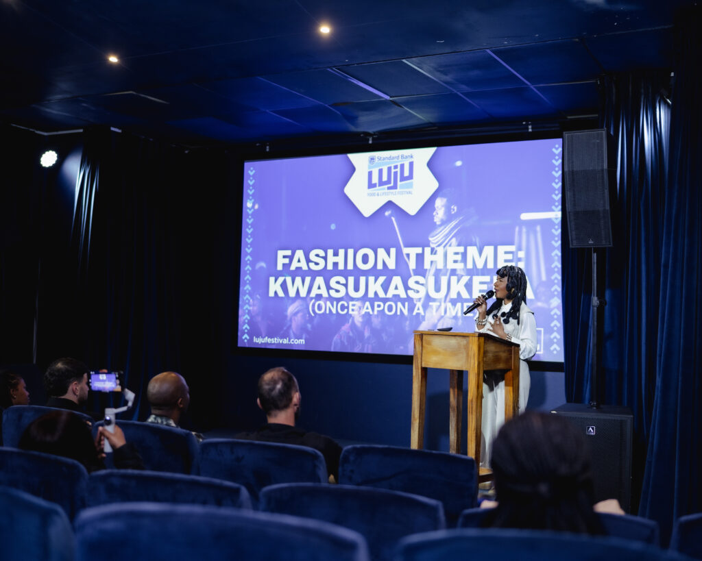 Phiwo Dlamini takes guests through the programme at the Johannesburg launch of the 2026 Standard Bank Luju Food and Lifestyle Festival.