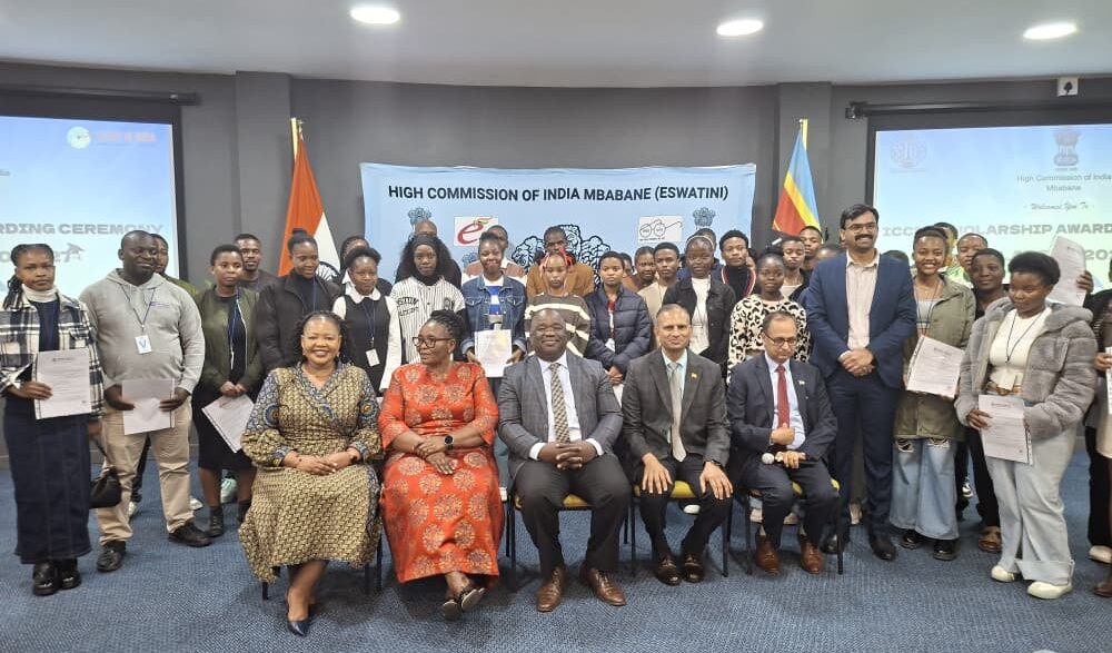 Scholarship awardees pose with Deputy Prime Minister Thulisile Dladla, Minister of Foreign Affairs and International Cooperation Senator Pholile Shakantu, Minister of Education and Training Owen Nxumalo and High Commissioner of India N. Ram Prasad during the ICCR scholarships orientation session in Mbabane. (Photo: Adekunle Owolabi)