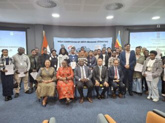 Scholarship awardees pose with Deputy Prime Minister Thulisile Dladla, Minister of Foreign Affairs and International Cooperation Senator Pholile Shakantu, Minister of Education and Training Owen Nxumalo and High Commissioner of India N. Ram Prasad during the ICCR scholarships orientation session in Mbabane. (Photo: Adekunle Owolabi)
