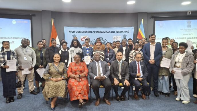 Scholarship awardees pose with Deputy Prime Minister Thulisile Dladla, Minister of Foreign Affairs and International Cooperation Senator Pholile Shakantu, Minister of Education and Training Owen Nxumalo and High Commissioner of India N. Ram Prasad during the ICCR scholarships orientation session in Mbabane. (Photo: Adekunle Owolabi)