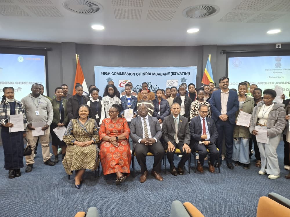 Scholarship awardees pose with Deputy Prime Minister Thulisile Dladla, Minister of Foreign Affairs and International Cooperation Senator Pholile Shakantu, Minister of Education and Training Owen Nxumalo and High Commissioner of India N. Ram Prasad during the ICCR scholarships orientation session in Mbabane. (Photo: Adekunle Owolabi)