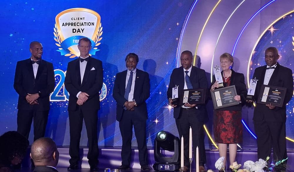 Award recipients pose with Minister of Finance Neal Rijkenberg, ERS Commissioner General Brightwell Nkambule and ERS Governing Board Chairperson David Dlamini during the 4th Annual ERS Client Appreciation Day held at the Happy Valley Hotel in Ezulwini. (Photo: Adekunle Owolabi)