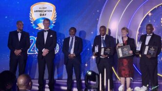 Award recipients pose with Minister of Finance Neal Rijkenberg, ERS Commissioner General Brightwell Nkambule and ERS Governing Board Chairperson David Dlamini during the 4th Annual ERS Client Appreciation Day held at the Happy Valley Hotel in Ezulwini. (Photo: Adekunle Owolabi)