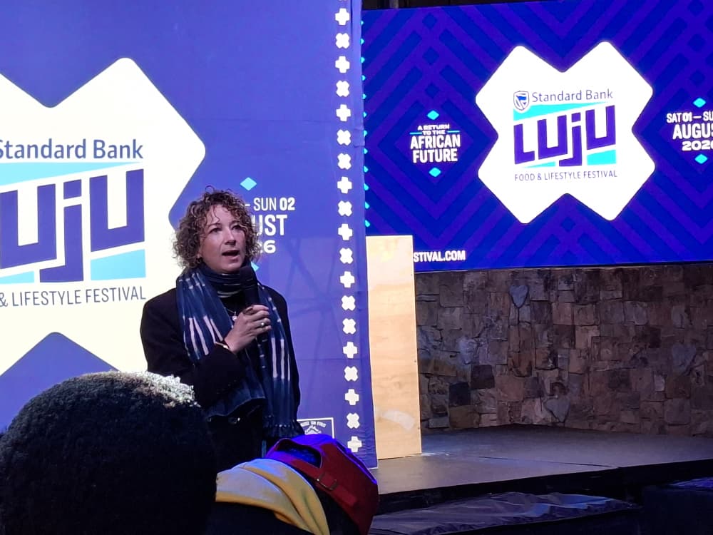 Philippa Thorne, Fashion Curator for the Standard Bank Luju Food and Lifestyle Festival, addresses journalists during a media briefing at House On Fire in Malkerns on Thursday.