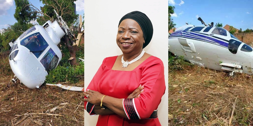 Zambian Vice President Mutale Nalumango pictured alongside the wreckage of the Zambia Air Force helicopter that crashed on take-off in Nakonde, Muchinga Province, on Thursday. She and seven others escaped unharmed.