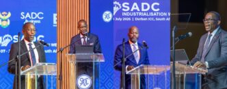 SADC Executive Secretary His Excellency Mr. Elias Magosi and AfCFTA Secretary General Wamkele Keabetswe Mene, joined by two other stakeholders, at the 9th Annual SADC Industrialisation Week in Durban. Photo by SADC