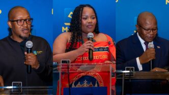 Her Royal Highness Princess Sakhizwe, Minister of Commerce, Industry and Trade Manqoba Khumalo, and MTN Fintech Chief Executive Officer Sam Shongwe address guests at the MSME Growth Forum held at the MTN Headquarters Auditorium in Ezulwini.