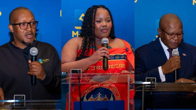 Her Royal Highness Princess Sakhizwe, Minister of Commerce, Industry and Trade Manqoba Khumalo, and MTN Fintech Chief Executive Officer Sam Shongwe address guests at the MSME Growth Forum held at the MTN Headquarters Auditorium in Ezulwini.