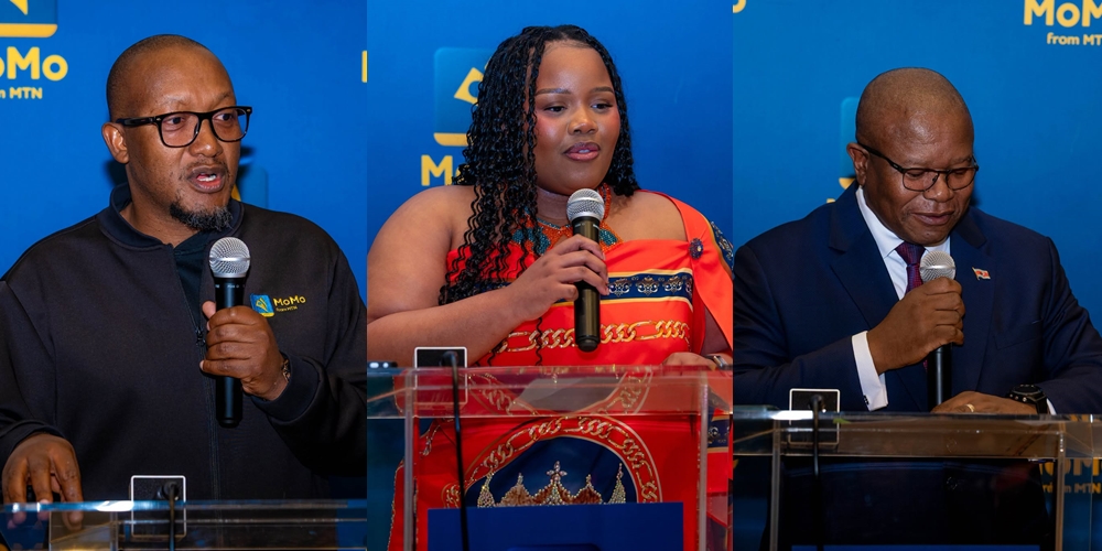 Her Royal Highness Princess Sakhizwe, Minister of Commerce, Industry and Trade Manqoba Khumalo, and MTN Fintech Chief Executive Officer Sam Shongwe address guests at the MSME Growth Forum held at the MTN Headquarters Auditorium in Ezulwini.