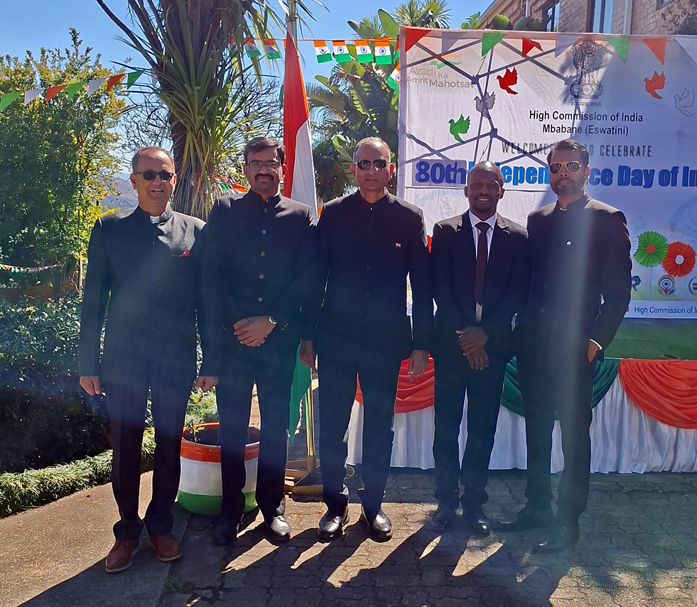 Indian High Commissioner to Eswatini N. Ram Prasad, Second Secretary and Head of Chancery Ajay Kumar Sharma, Attaché Prasann Kumar Dubran, Attaché Lalit Mohan and Swazi24 Publisher Adekunle Owolabi pose for a photograph at India House in Mbabane.