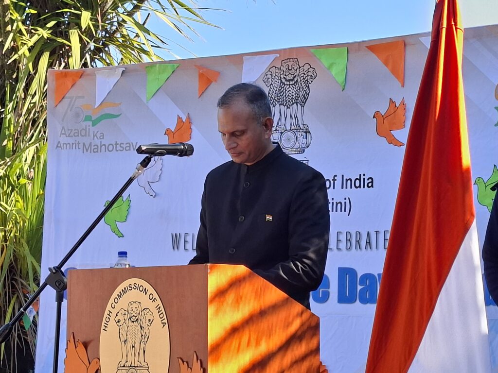 High Commissioner of India to Eswatini, His Excellency N. Ram Prasad, addresses members of the Indian diaspora and friends of India at India House in Mbabane during the country's 80th Independence Day celebrations on Saturday, 15 August 2026.