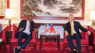 Prime Minister Russell Mmiso Dlamini is welcomed by Taiwan's Deputy Minister of Foreign Affairs, François Chih-chung Wu, on arrival at Taiwan Taoyuan International Airport in Taipei for an official visit. Photo: Eswatini Government
