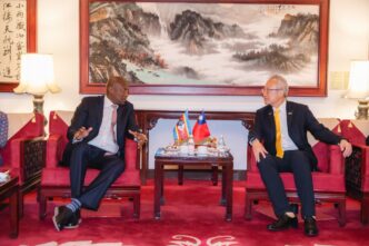 Prime Minister Russell Mmiso Dlamini is welcomed by Taiwan's Deputy Minister of Foreign Affairs, François Chih-chung Wu, on arrival at Taiwan Taoyuan International Airport in Taipei for an official visit. Photo: Eswatini Government