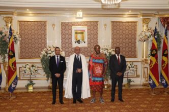His Majesty King Mswati III poses for a group photograph with Algeria’s Ambassador designate Malek DJAOUD and Tanzania’s Ambassador designate C.P. Hamad Khamis Hamad at Lozitha Palace.