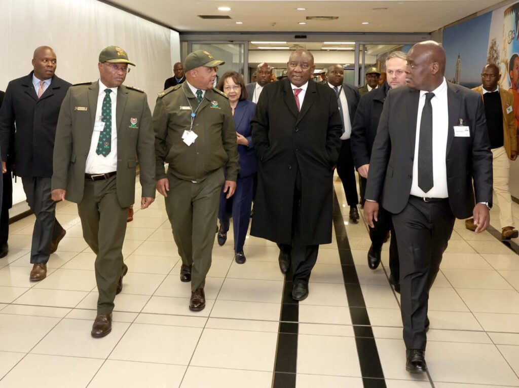 President Cyril Ramaphosa joins Home Affairs Minister Dr Leon Schreiber, Border Management Authority officials and other stakeholders during the launch of South Africa’s Electronic Travel Authorisation system at OR Tambo International Airport.