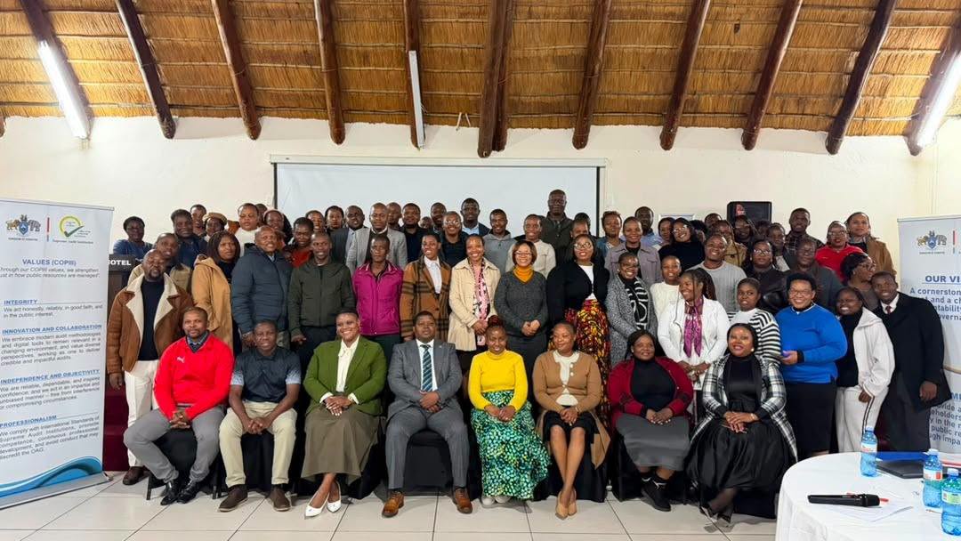 OAG staff and leadership pose after launching the Strategic Plan 2026–2030 at SibaneSami Hotel , where Auditor-General Timothy Matsebula urged officers to embrace AI and value-for-money auditing.