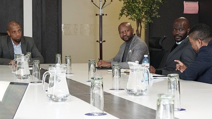 SACU Secretariat officials Katiso Ramalebo, Thuto Mathesa and Dr Abel Mboweni engage with Eswatini Revenue Service Commissioner General Brightwell Nkambule during the 2026 Intra-SACU Trade Data Audit Mission in Eswatini.