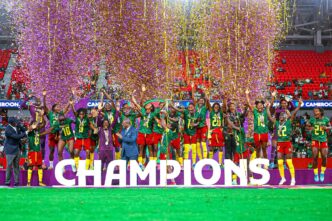 Cameroon players lifted the trophy after their 3 to 0 victory over Malawi in the 2026 Women’s Africa Cup of Nations final in Rabat, Morocco.