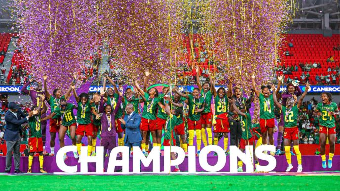 Cameroon players lifted the trophy after their 3 to 0 victory over Malawi in the 2026 Women’s Africa Cup of Nations final in Rabat, Morocco.