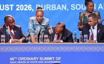 His Majesty King Mswati III signs an agreement amending Article 33 of the SADC Treaty ahead of the closing ceremony of the 46th SADC Summit in Durban, South Africa.